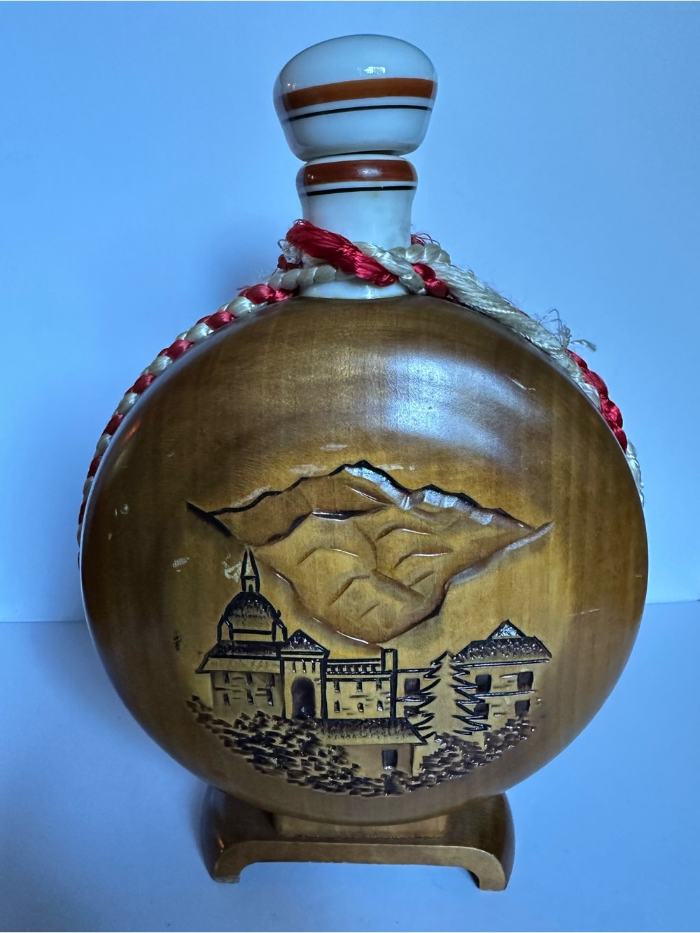 Swiss Hand-Carved Wooden Flask Decanter